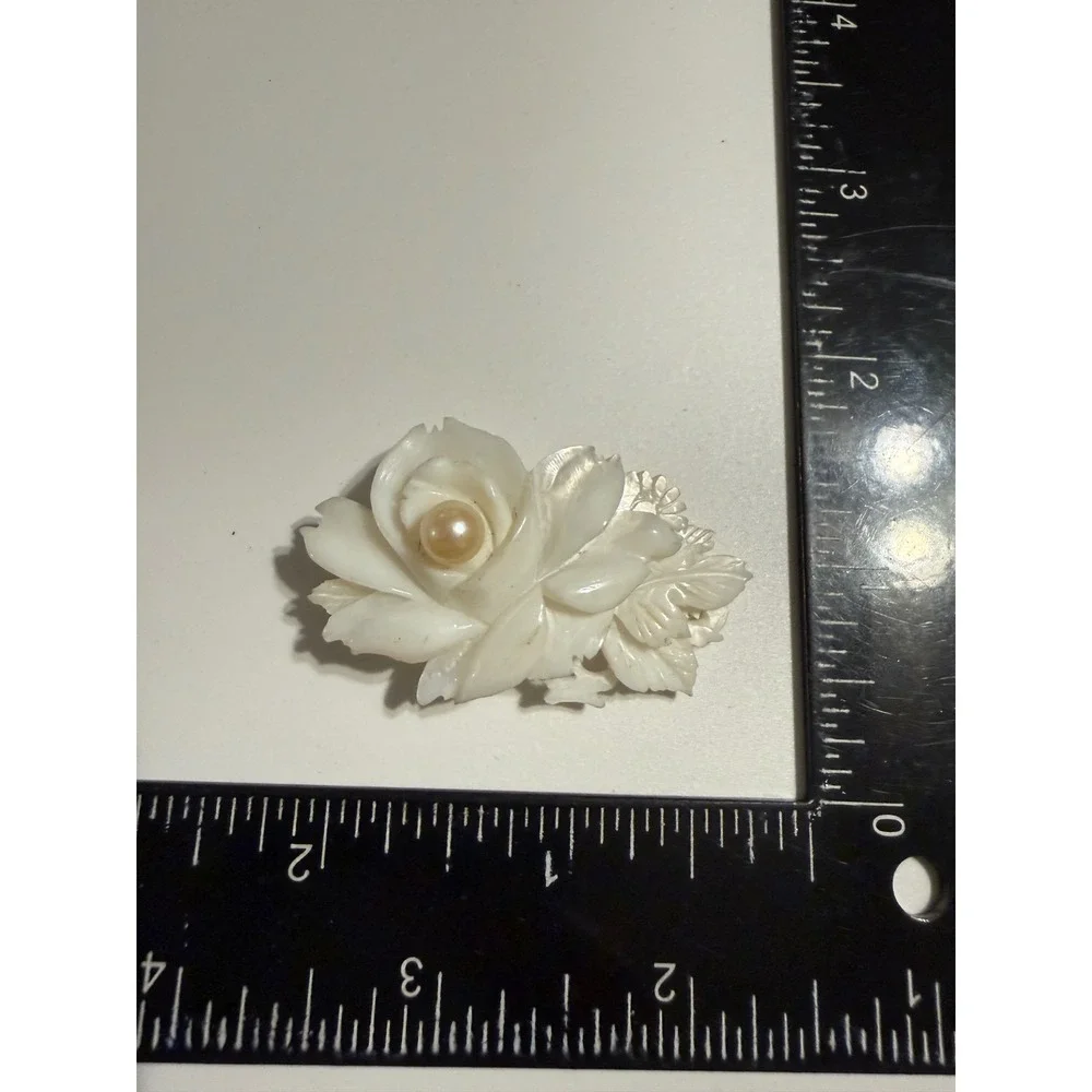 Carved Mother of Pearl Rose Brooch Pin Faux Pearl Center Floral Shell Jewelry